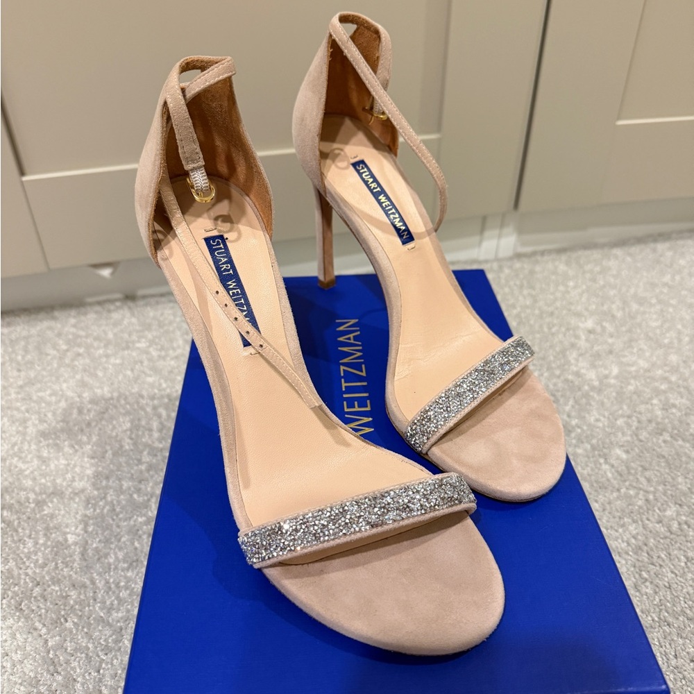 Stuart Weitzman Nude Suede Ankle-Strap Heels with Silver Sparkle Toe